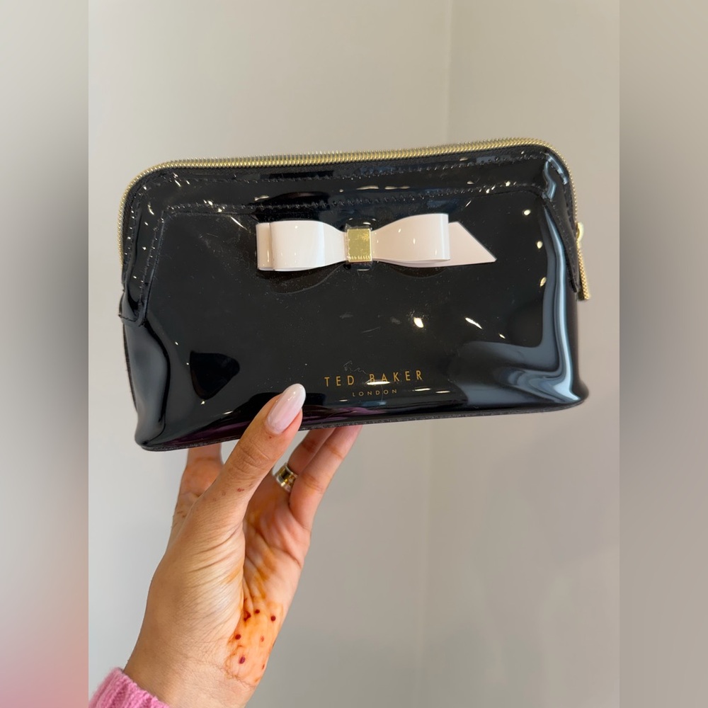 Ted Baker Black Patent Cosmetic Pouch with White Bow